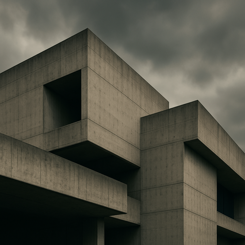 Brutalist architecture against a moody sky