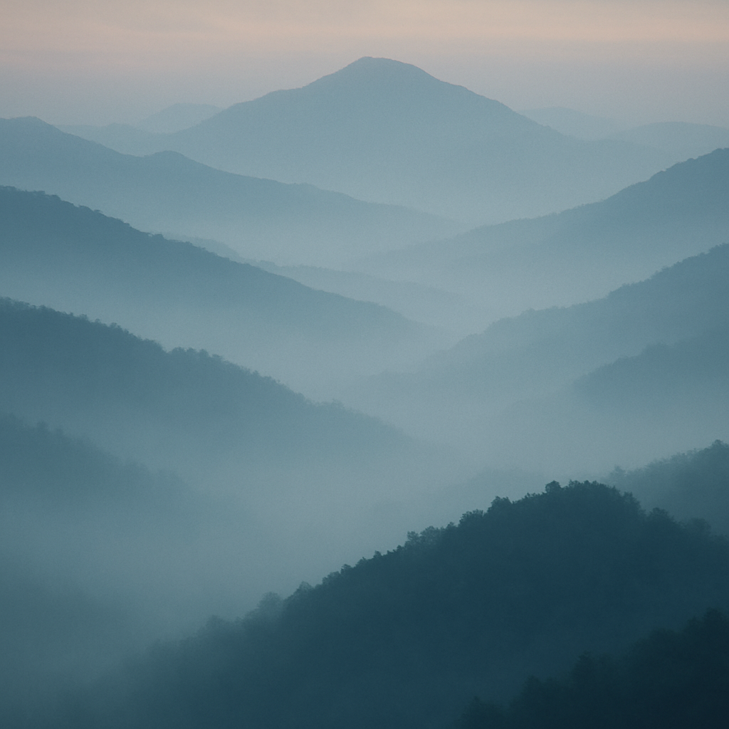 Misty mountain ridges at dawn