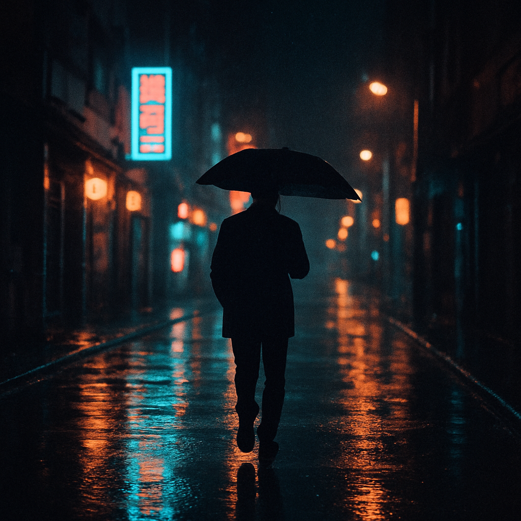 Rainy neon street at night