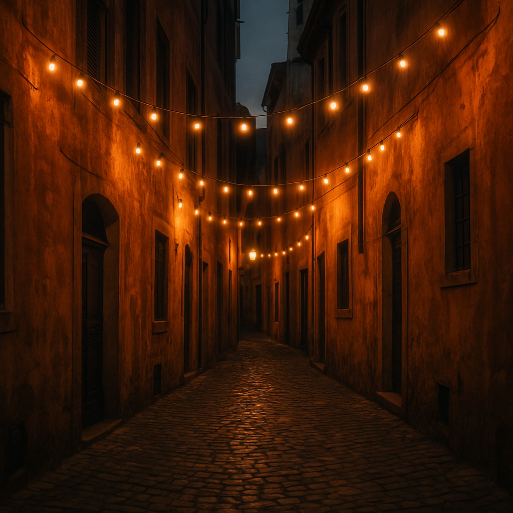 European alley with warm string lights